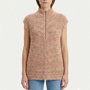 J. Jill Chunky Knit Zip Sweater Tunic S Marled Orange Tan Mock Neck Sleeveless